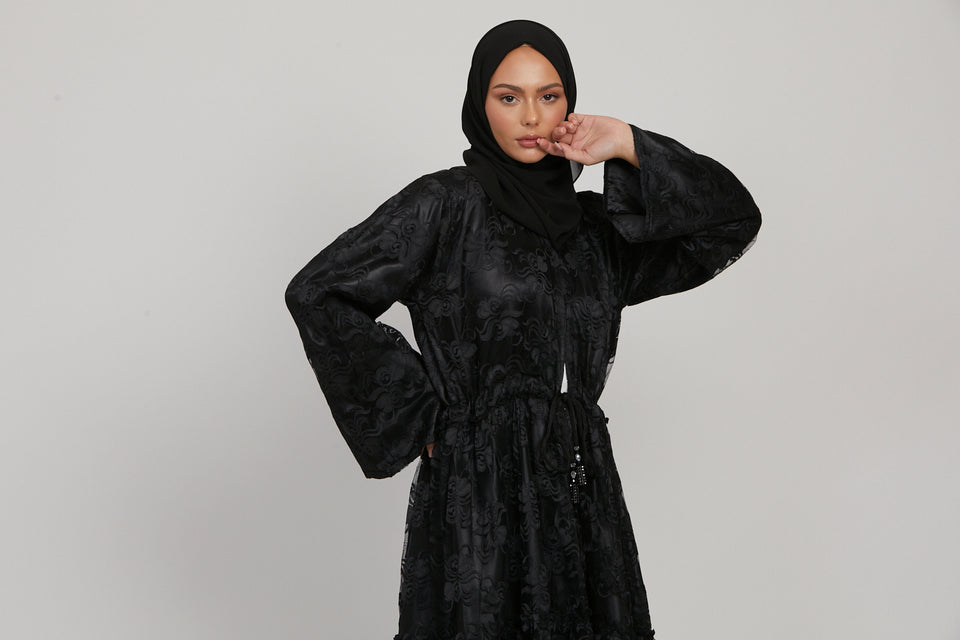 Luxury Floral Lace Umbrella Cut Open Abaya with Inner Belt