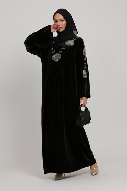 Black Velvet Abaya with Olive Floral Organza Detailing