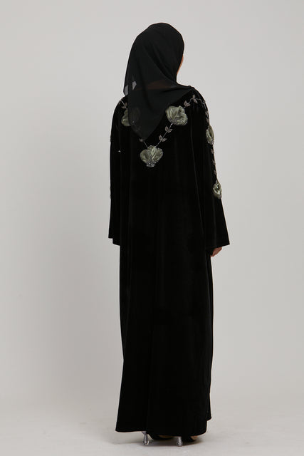 Black Velvet Abaya with Olive Floral Organza Detailing