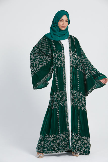 Luxury Velvet Open Abaya with Silver Floral Detailing - Emerald