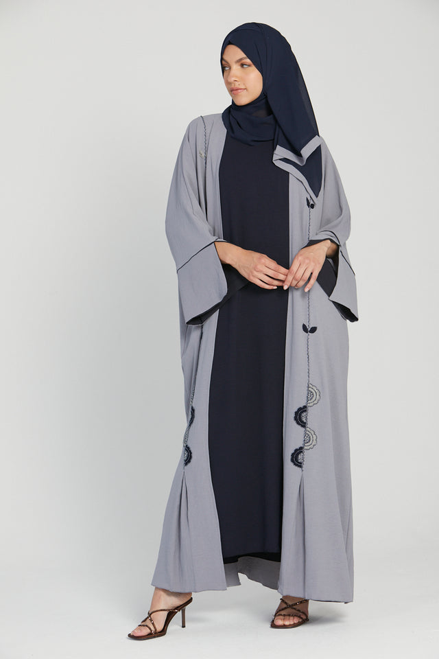 Four piece Light Grey and Navy Embellished Open Abaya Set