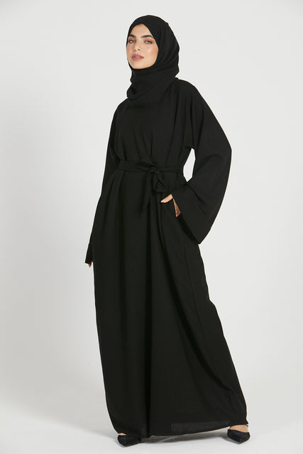 Linen Closed Abaya with Pockets - Black
