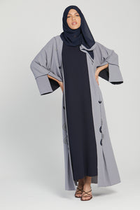 Four piece Light Grey and Navy Embellished Open Abaya Set