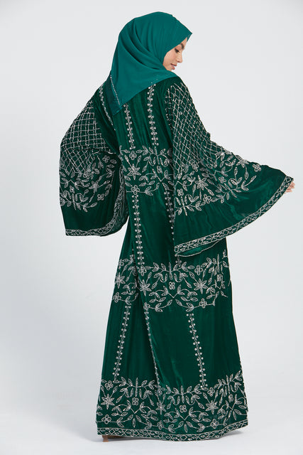 Luxury Velvet Open Abaya with Silver Floral Detailing - Emerald
