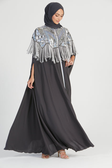 Luxury Regal Embellished Cape - Charcoal
