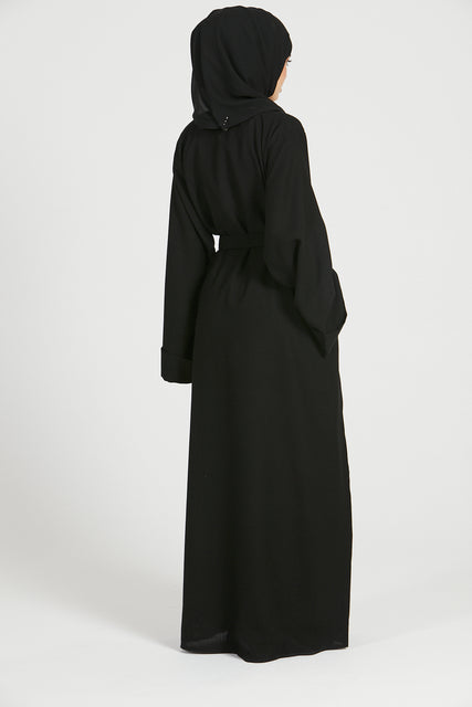 Linen Closed Abaya with Pockets - Black