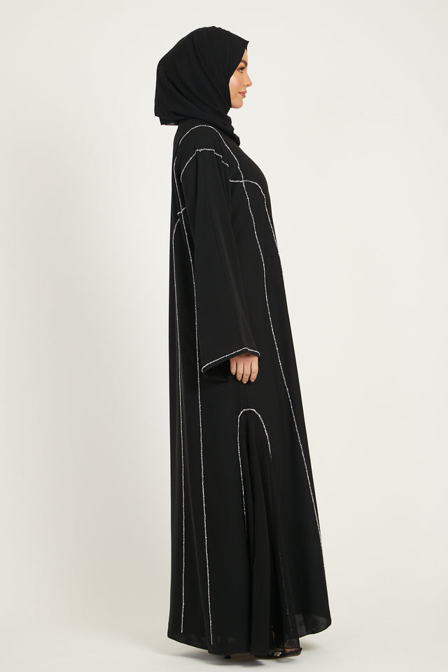 Luxury Black Silver Embellished Open Abaya with Side Chiffon Detailing