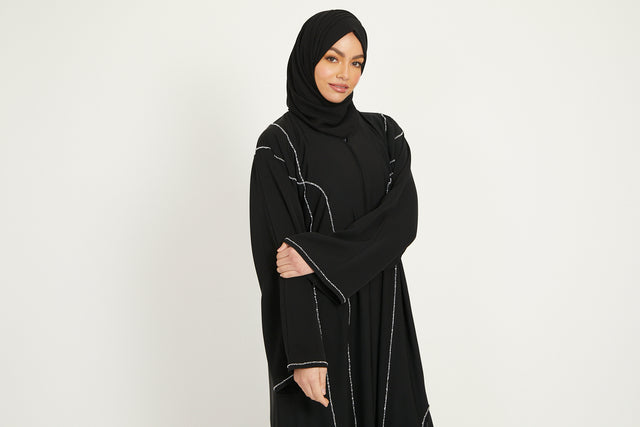 Luxury Black Silver Embellished Open Abaya with Side Chiffon Detailing