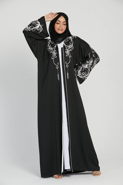 Black Floral Embroidered Open Abaya