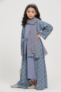 Junior Girls Four Piece Floral Scallop Lace Open Abaya