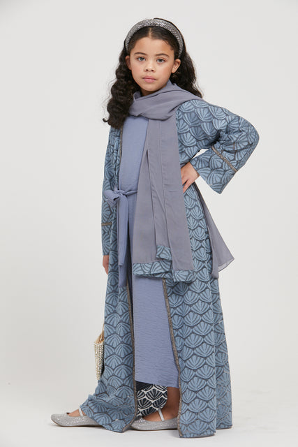Junior Girls Four Piece Floral Scallop Lace Open Abaya