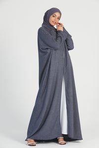 Linen Blend Embellished Open Abaya - Charcoal Blue