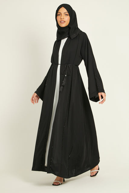 Black Open Abaya with Plaited Tiered Embellished Piping
