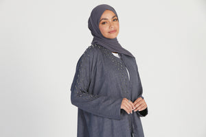 Linen Blend Embellished Open Abaya - Charcoal Blue