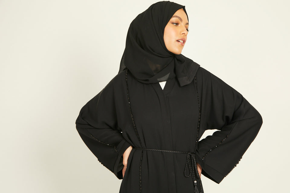 Black Open Abaya with Plaited Tiered Embellished Piping