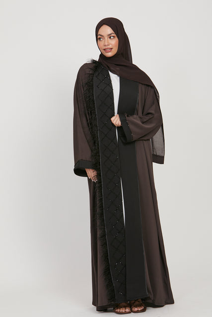Embellished Panel Open Abaya with Feather Detailing - Dark Brown