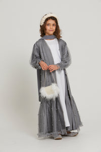 Junior Girls Tulle Open Abaya with Pearls and Frills - Grey
