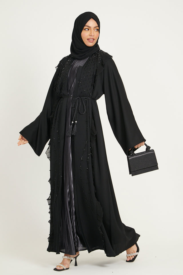 Black Embellished Open Abaya With Chiffon Frill Detailing