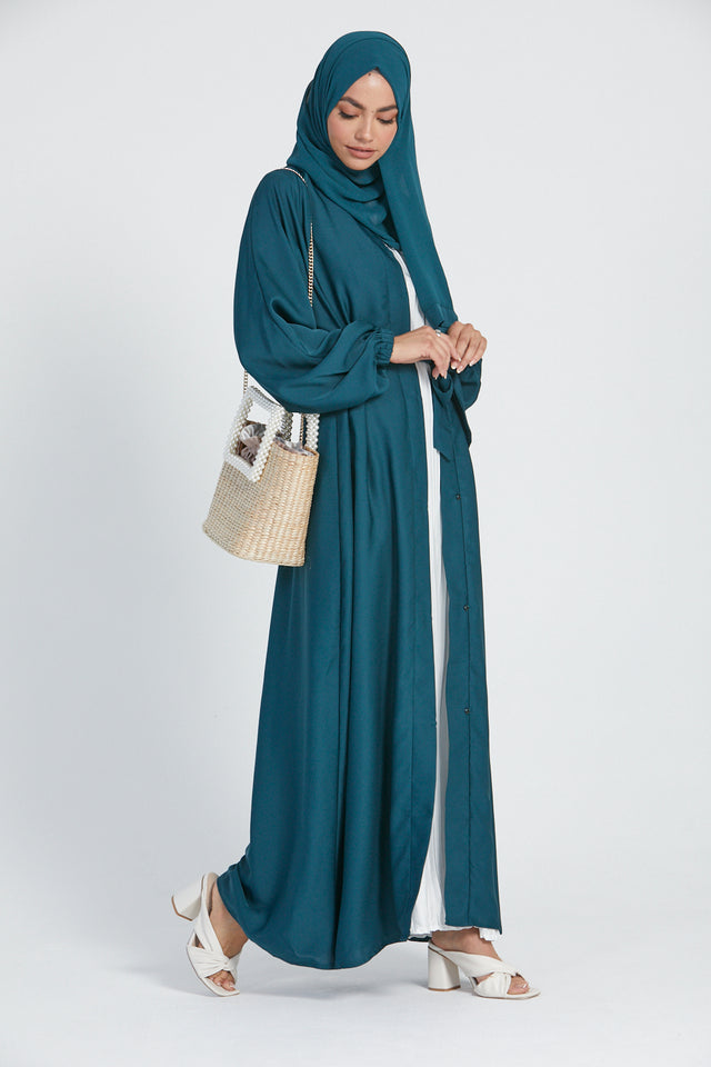 Open Abaya with Elasticated Cuffs - Teal