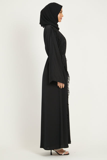 Black Embellished Open Abaya With Chiffon Frill Detailing