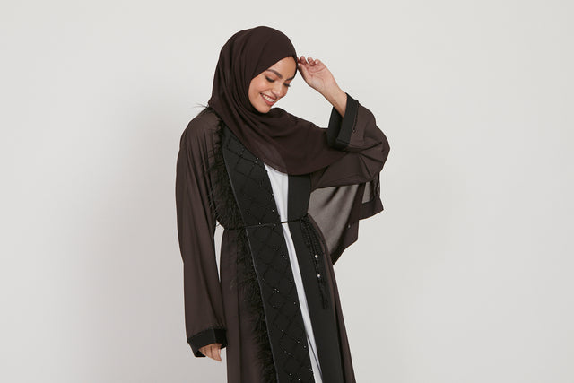 Embellished Panel Open Abaya with Feather Detailing - Dark Brown