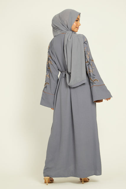 Embellished Sleeve Contrast Cuff Open Abaya - Light Grey