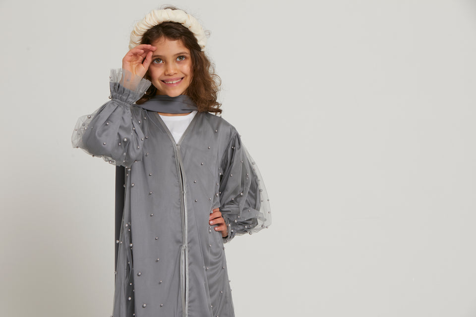 Junior Girls Tulle Open Abaya with Pearls and Frills - Grey