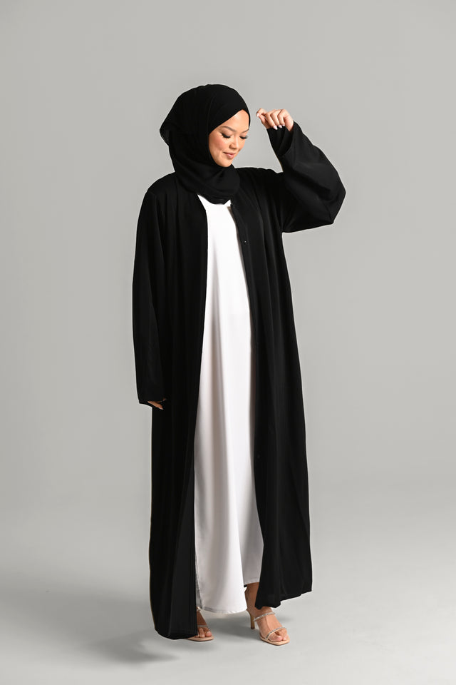 Plain Classic Black Open Abaya with Pleated Detailing