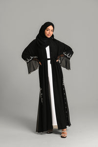 Classic Open Abaya with Pearls and Embellishments - Black