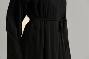 Plain Classic Black Open Abaya with Pleated Detailing