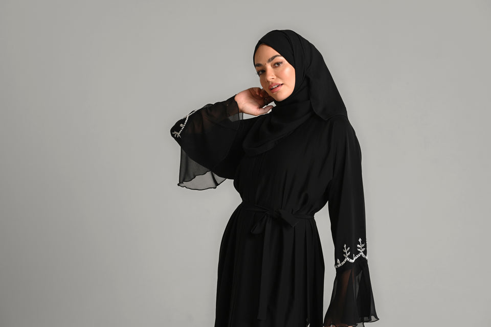 Classic Open Abaya with Pearls and Embellishments - Black