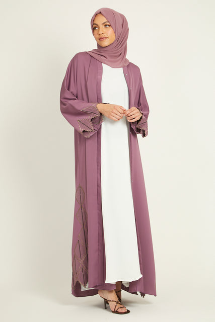 Open Abaya with Diamond Embroidery Detailing - Deep Rose Blush