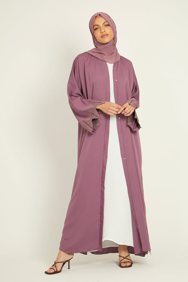 Open Abaya with Diamond Embroidery Detailing - Deep Rose Blush