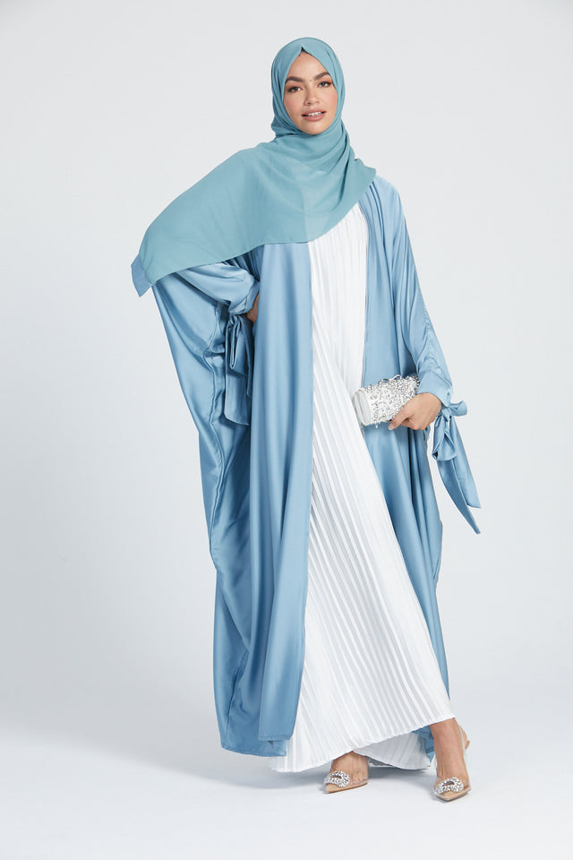 Satin Open Abaya with Tie Up Cuffs - Powder Blue