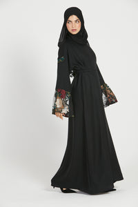 Blooming Floral Cuff Closed Abaya - Black Floral Lace