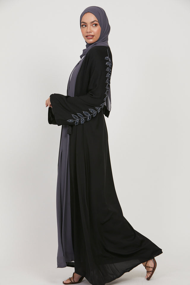 Black and Grey Chiffon Open Abaya with Embellished Sleeves