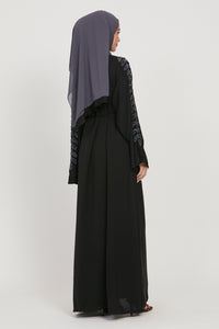 Black and Grey Chiffon Open Abaya with Embellished Sleeves