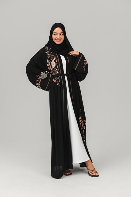 Floral Blossom Embroidered Open Abaya