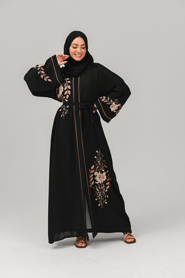 Floral Blossom Embroidered Open Abaya