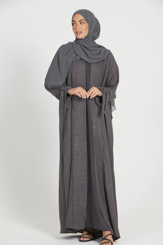 Three Piece Linen Blend Embellished Open Abaya - Charcoal Grey