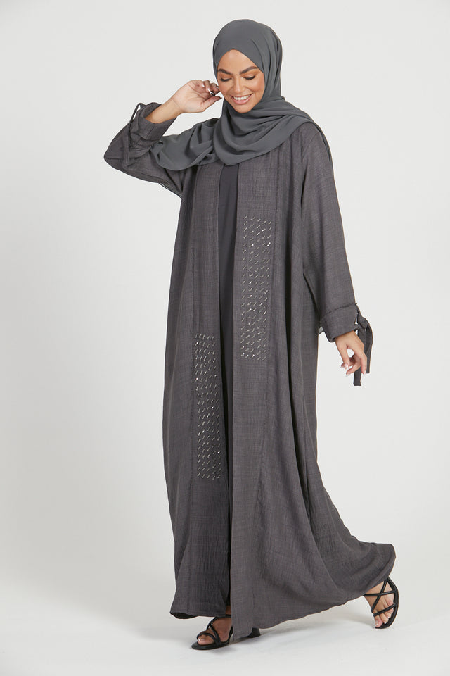 Four Piece Linen Blend Embellished Open Abaya - Charcoal Grey