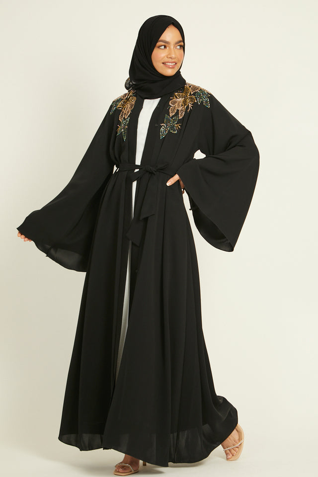 Luxury Flared Sleeve Embellished Shoulder Open Abaya