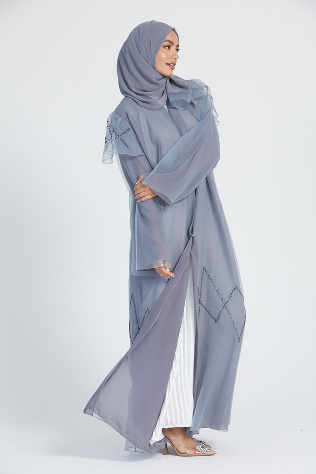Organza Open Abaya with Frilled Embellished Shoulder - Grey
