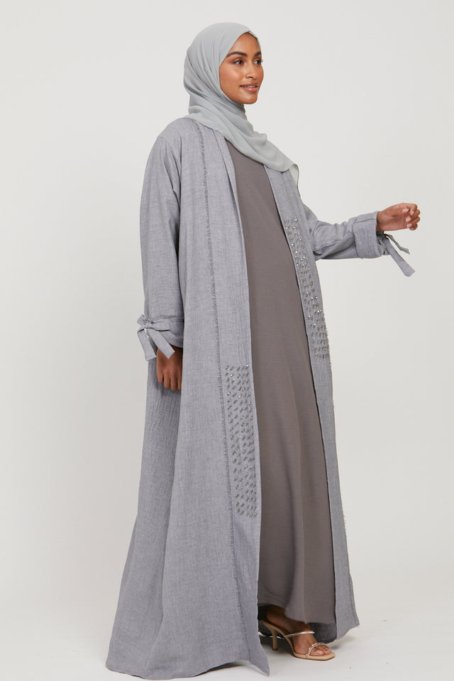 Four Piece Linen Blend Embellished Open Abaya Set - Slate Blue