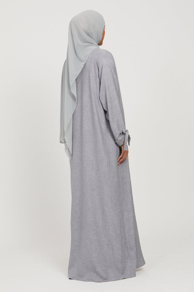 Four Piece Linen Blend Embellished Open Abaya Set - Slate Blue