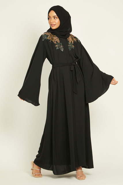 Luxury Flared Sleeve Embellished Shoulder Open Abaya