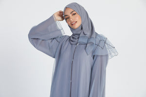 Organza Open Abaya with Frilled Embellished Shoulder - Grey