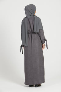 Three Piece Linen Blend Embellished Open Abaya - Charcoal Grey
