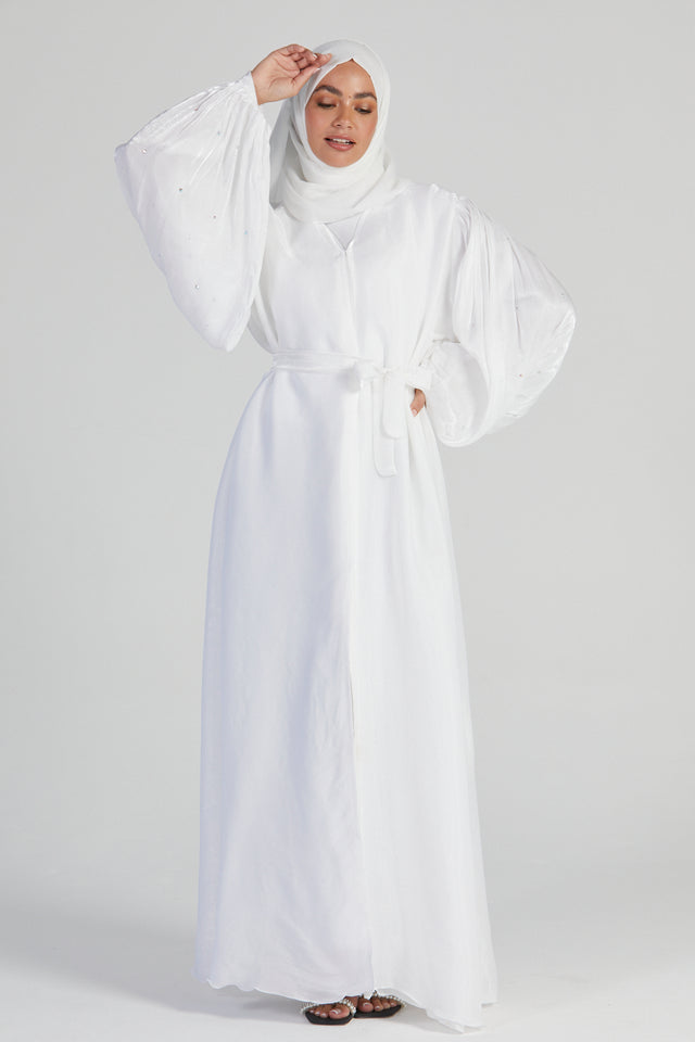 White Open Abaya with Embellished Balloon Sleeves