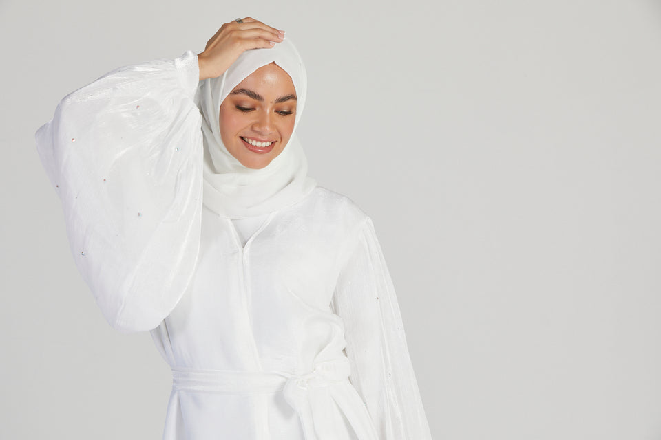 White Open Abaya with Embellished Balloon Sleeves